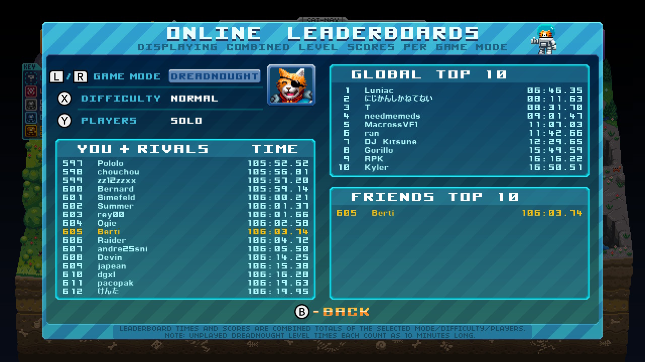 Screenshot: Aqua Kitty UDX online leaderboards of Dreadnought mode on Normal difficulty as Solo player showing Berti at 605th place with a time of 106:03.74
